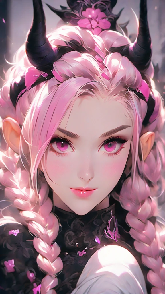 a woman with long hair and a pink light in her hand, cyberpunk art by Kieran Yanner, Artstation, conceptual art, tiefling, demon girl, beautiful succubus, nocturne from league of legends, demon woman, tiefling from d & d, portrait of a female demon, demonic creature, widowmaker's former lover, dark demonic dancer