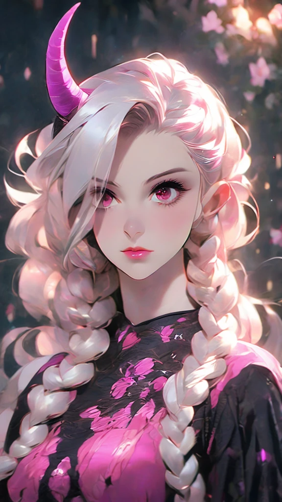 a woman with long hair and a pink light in her hand, cyberpunk art by Kieran Yanner, Artstation, conceptual art, tiefling, demon girl, beautiful succubus, nocturne from league of legends, demon woman, tiefling from d & d, portrait of a female demon, demonic creature, widowmaker's former lover, dark demonic dancer