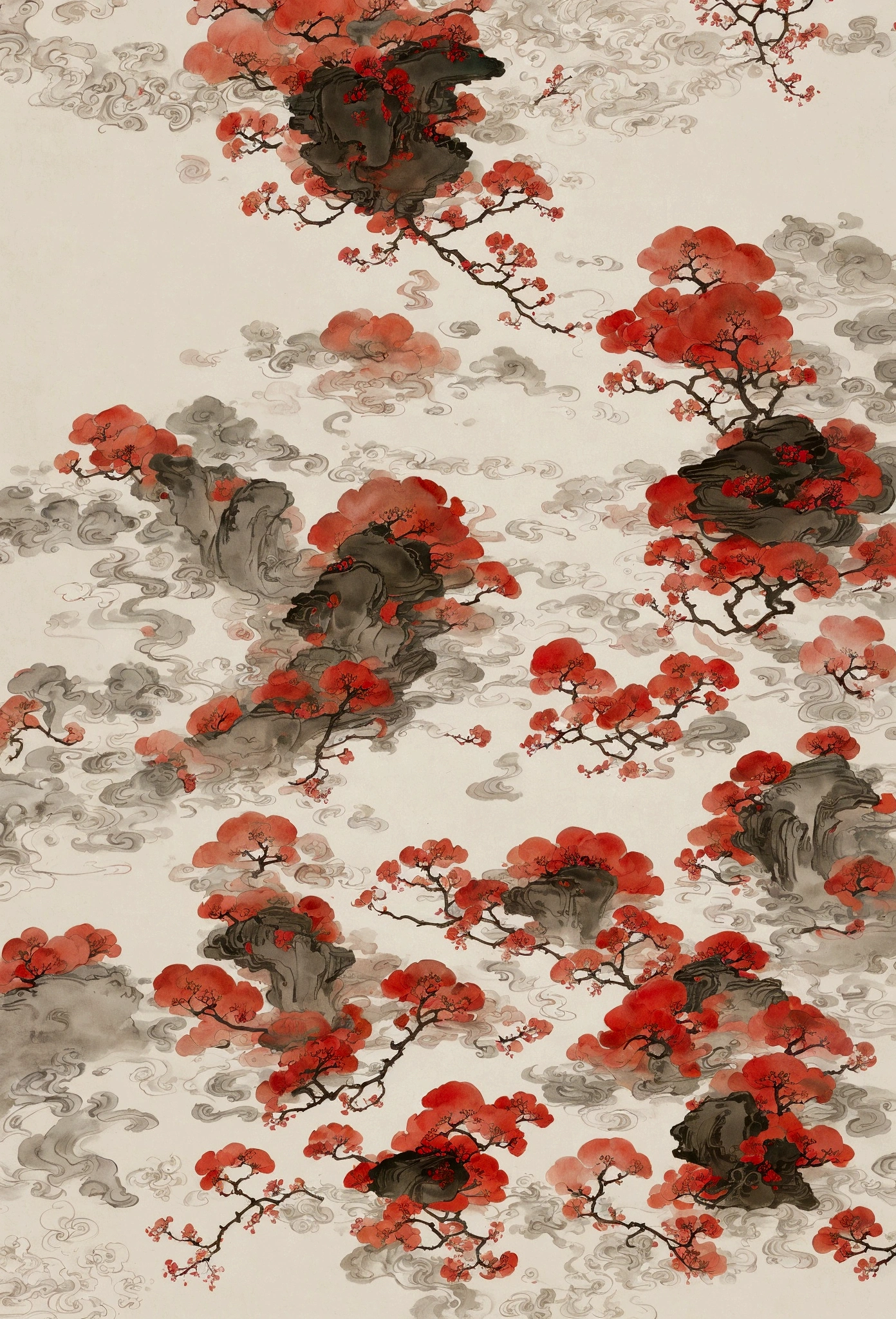 Ink and brushwork style,plum bossom,Merlin,Ink and snow scene,Red and green color scheme,Simple lines,gorgeous,Chinese Court,Hand Painted,HD details,White background,Painting on rice paper,HD 8k