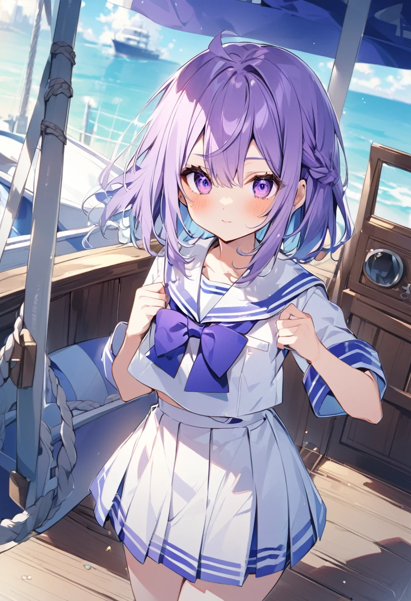 Keito。Purple Eyes。Purple Hair。Sailor suit。Boat。