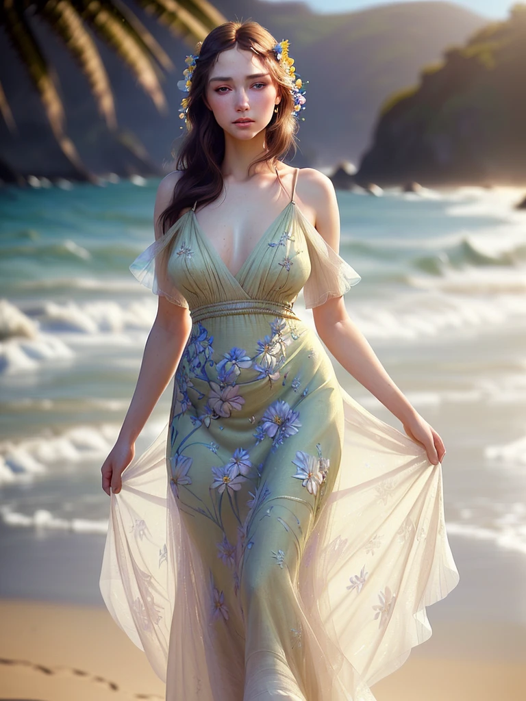 a beautiful young woman with detailed eyes, luscious lips, eye makeup, and a tight, flowery dress, standing on the beach with morning sun lighting, depth of field and bokeh, 4K HDR, in the style of (James C. Christensen:1.2|Jeremy Lipking:1.1)