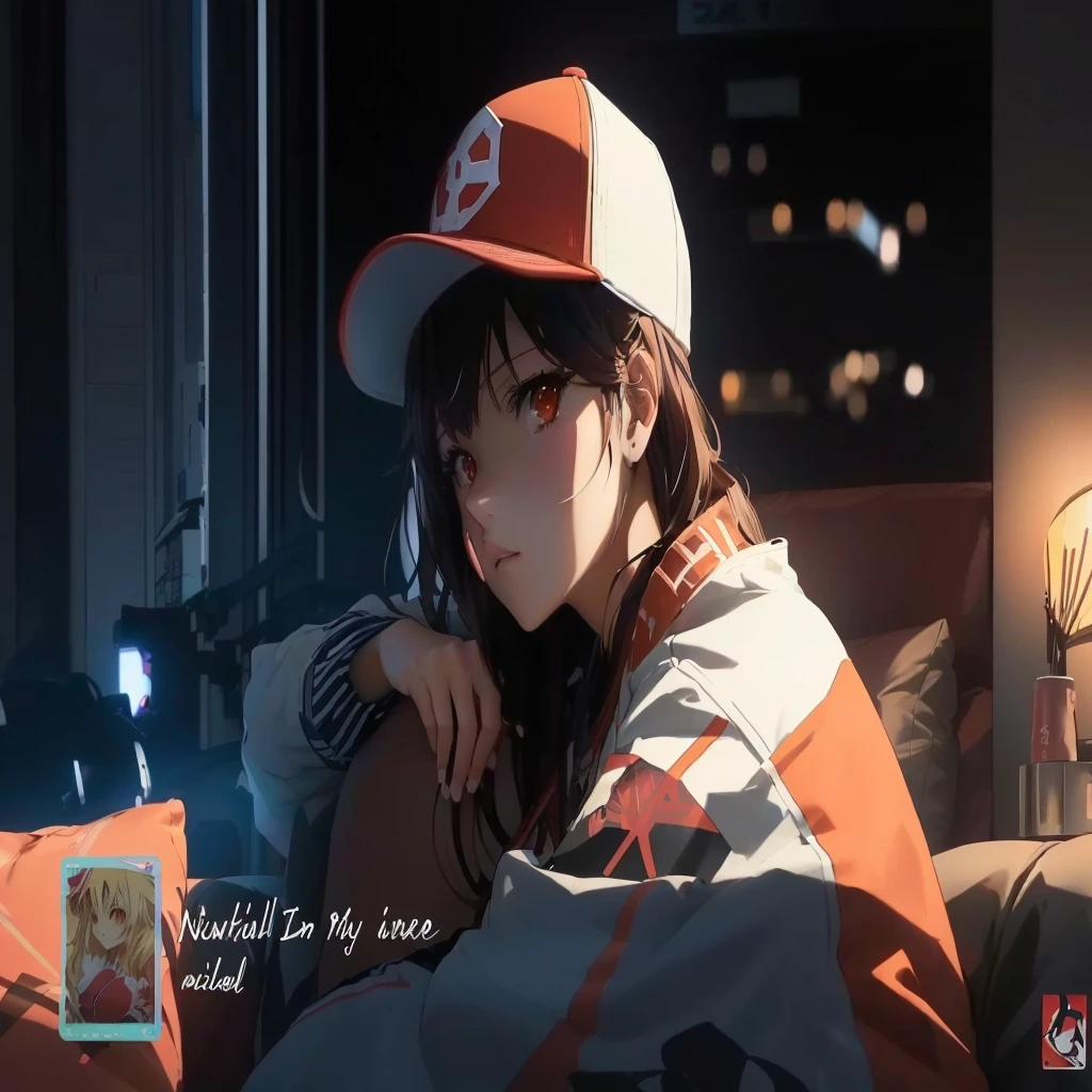 Anime Girls sitting on a couch with a baseball cap on, Nightcore, (Anime Girls), Also, 4k anime wallpaper, other, Anime Style, anime wallpaper 4k, anime wallpaper 4k, Anime Style 4k, Anime Art Wallpapers 8K, Anime Best Girl, style of red line anime movie, Fan art, an Anime Girls, Anime Girls