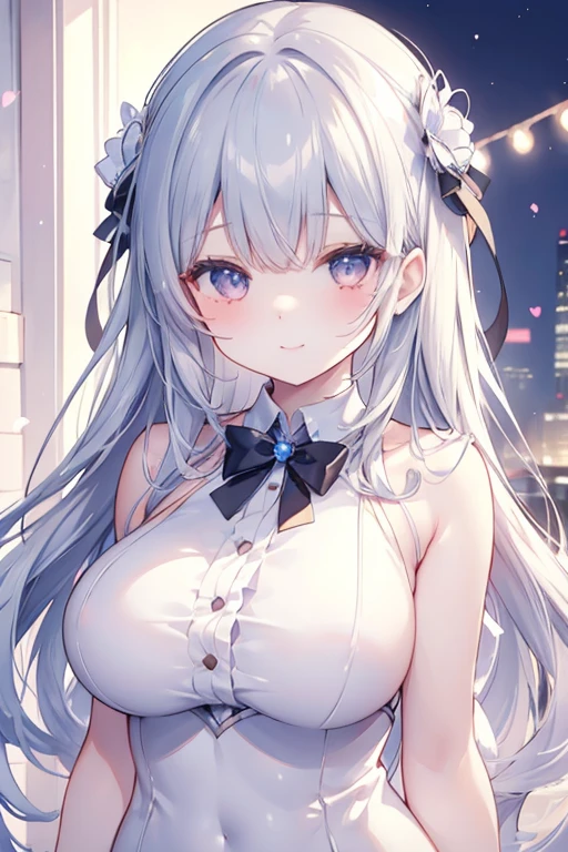 （Cute big sister: 1.3）、smile,spring atmosphere、Wearing a suit、((Valentine's Day))、evening、silver, silver eyes, big breasts、Very detailed,chocolate 