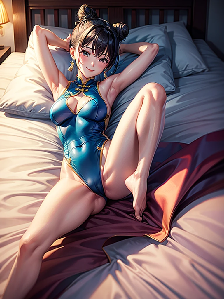 Highest Resolution,Highest quality,Woman in Chinese leotard,smile,Bun Hair,Bedroom,bed,High leg,