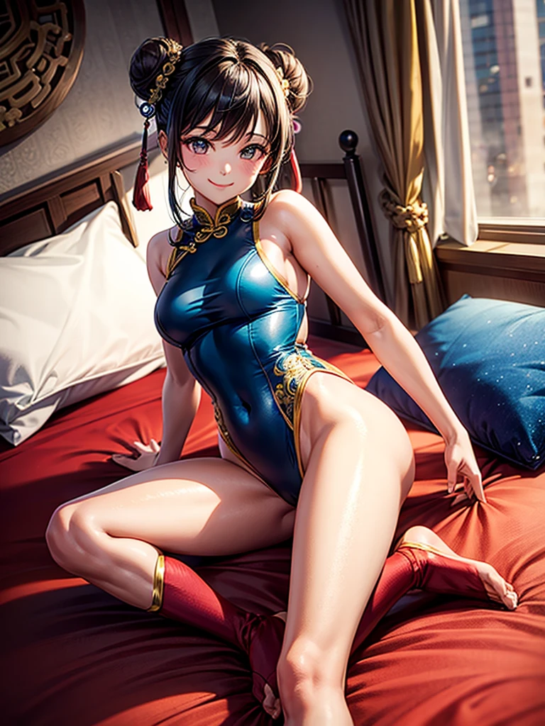 Highest Resolution,Highest quality,Woman in Chinese leotard,smile,Bun Hair,Bedroom,bed,High leg,