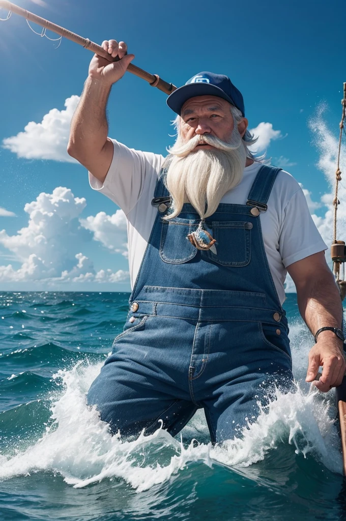 A Fisherman In A Rough Sea With A White Beard And Blue Overalls On A Small Boat In Pixar Style