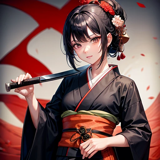 A woman with black hair wearing a kimono holding a sword-like knife Making sushi
