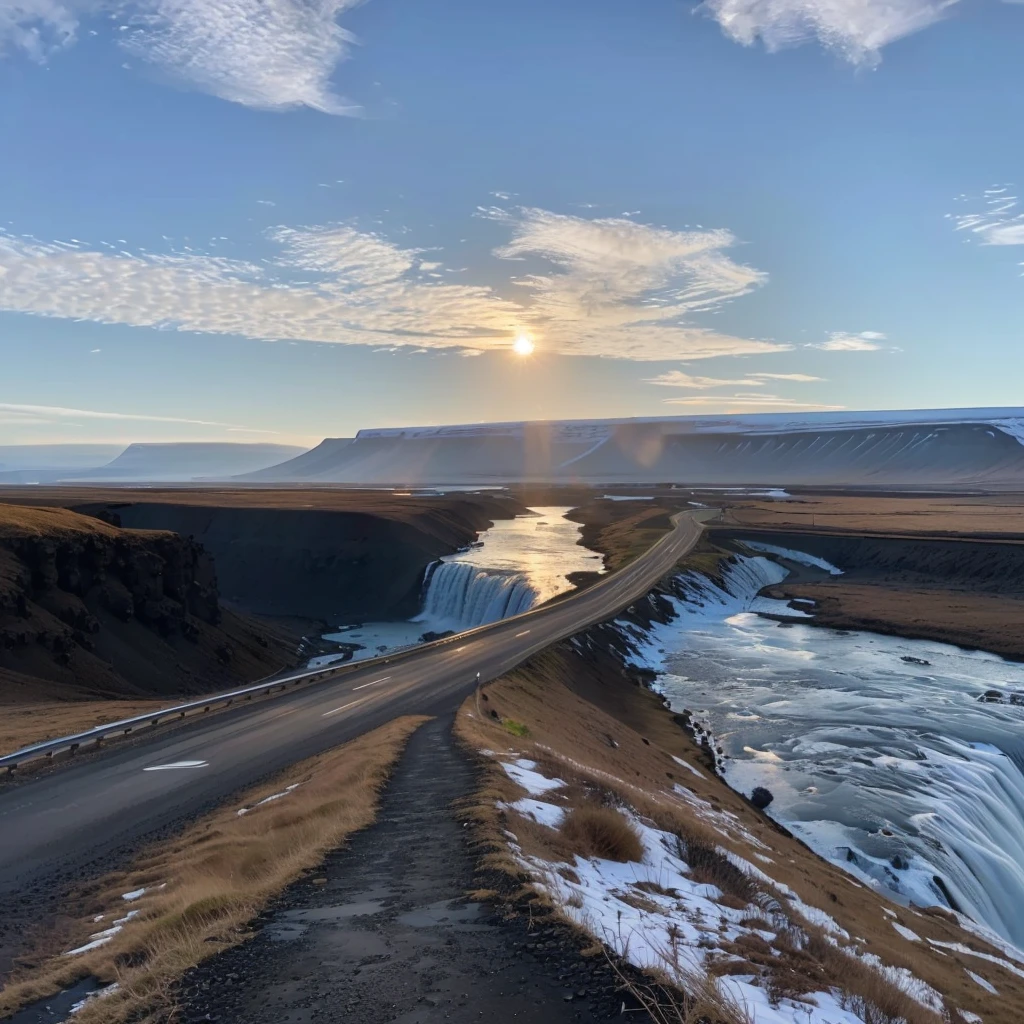 View of the road and river from Araf,Sunset in the background, Iceland photography, Icelandic valley, solar eclipse in Iceland, Iceland hills in the background, Iceland landscape, Icelandic landscape, Iceland landscape photography, Iceland, Waterfall in the distance, Shot with iPhone, Shot with iPhone 1 3 Pro max, Waterfall in the background, Shot with iPhone 1 3 Pro