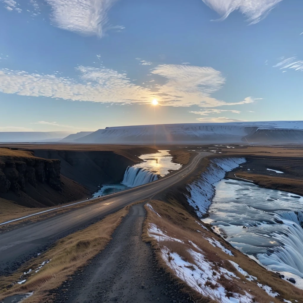 View of the road and river from Araf,Sunset in the background, Iceland photography, Icelandic valley, solar eclipse in Iceland, Iceland hills in the background, Iceland landscape, Icelandic landscape, Iceland landscape photography, Iceland, Waterfall in the distance, Shot with iPhone, Shot with iPhone 1 3 Pro max, Waterfall in the background, Shot with iPhone 1 3 Pro