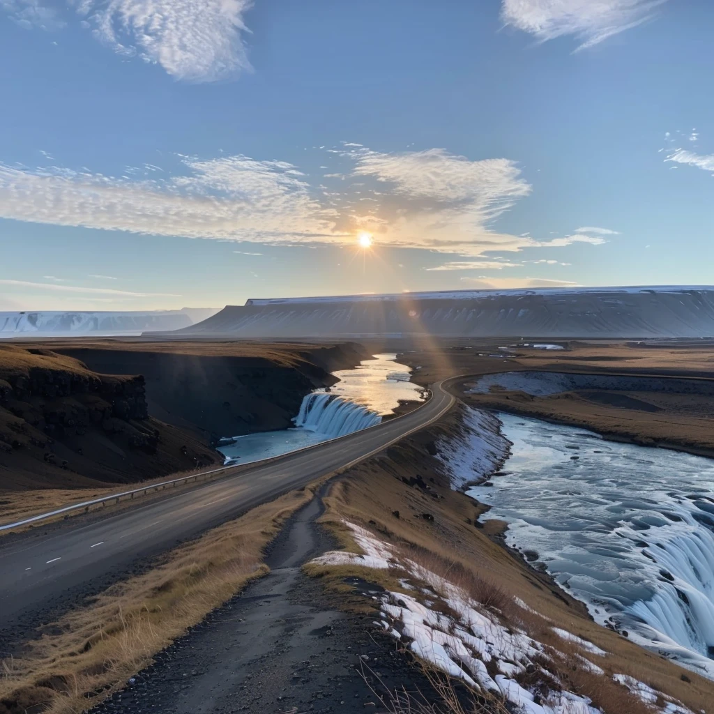 View of the road and river from Araf,Sunset in the background, Iceland photography, Icelandic valley, solar eclipse in Iceland, Iceland hills in the background, Iceland landscape, Icelandic landscape, Iceland landscape photography, Iceland, Waterfall in the distance, Shot with iPhone, Shot with iPhone 1 3 Pro max, Waterfall in the background, Shot with iPhone 1 3 Pro