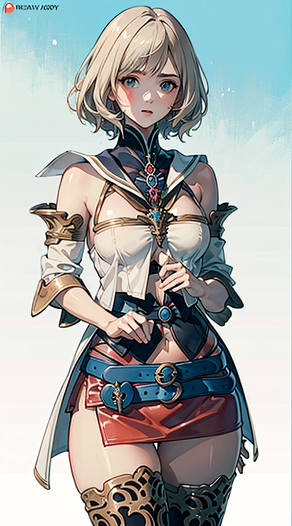 (cowboy shot, masutepiece, of the highest quality, Official art, Beautiful and aesthetic:1.2), ighly detailed, Colorful, highest details, Illustrations, Everyday scenery, 1girl in, Solo, (Detailed face, Detailed eyes, navel, large boob, Final Fantasy 12, Ashelia, shorth hair, short-hair, Ashelia Costume, Red mini skirt, thighs thighs thighs thighs, Knee socks that cover up to the shin, jewely), (Blue belt, one), is standing, Medieval fantasy, move chart, Best Quality, 4K, anatomically correct