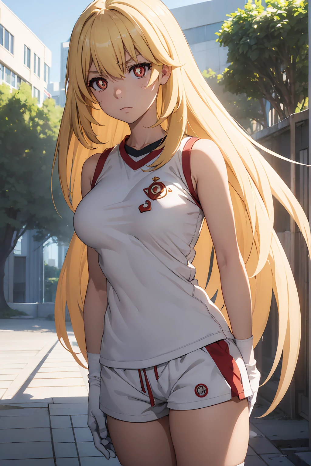 NSFW Highest quality, (masterpiece:1.2),misakishokuhou, misaki shokuhou, blonde, Hair between the eyes, Long Hair, (Symbol-shaped pupil:1.5), + +, (Big Breasts), break bare shoulders, gloves, gym shirt, gym Shorts, Gym suit, shirt, short Shorts, Shorts, Sleeveless, Sleeveless shirt, Knee socks, tokiwadai school Gym suit, white gloves, white shirt, white Shorts, white Knee socks, break outdoor, city, null, sun, cloud, break looking at viewer, (Cowboy Shot:1.5), break (masterpiece:1.2), Highest quality, High resolution, unity 8k wallpaper, (shape:0.8), (Beautiful attention to detail:1.6), Highly detailed face, Perfect lighting, Extremely detailed CG, (Perfect hands, Perfect Anatomy),