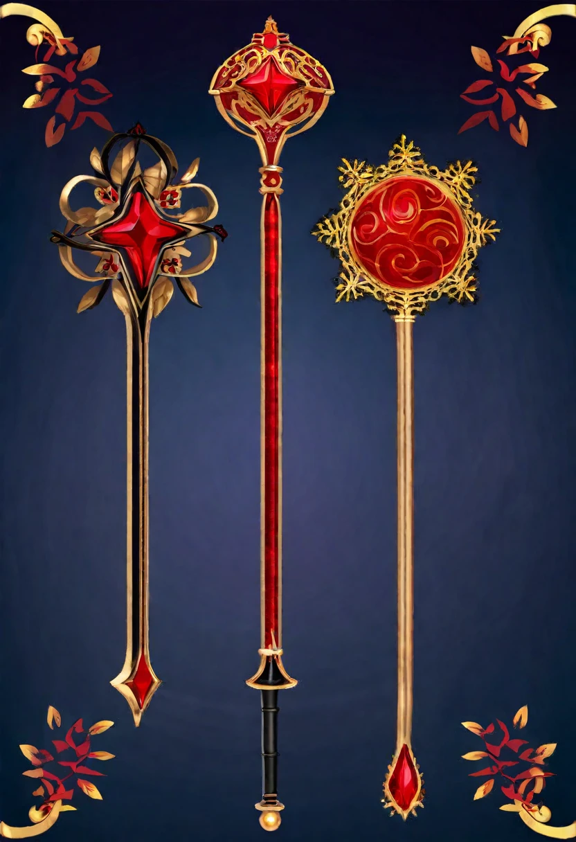 a magic wand in fantasy style. red, black, gold