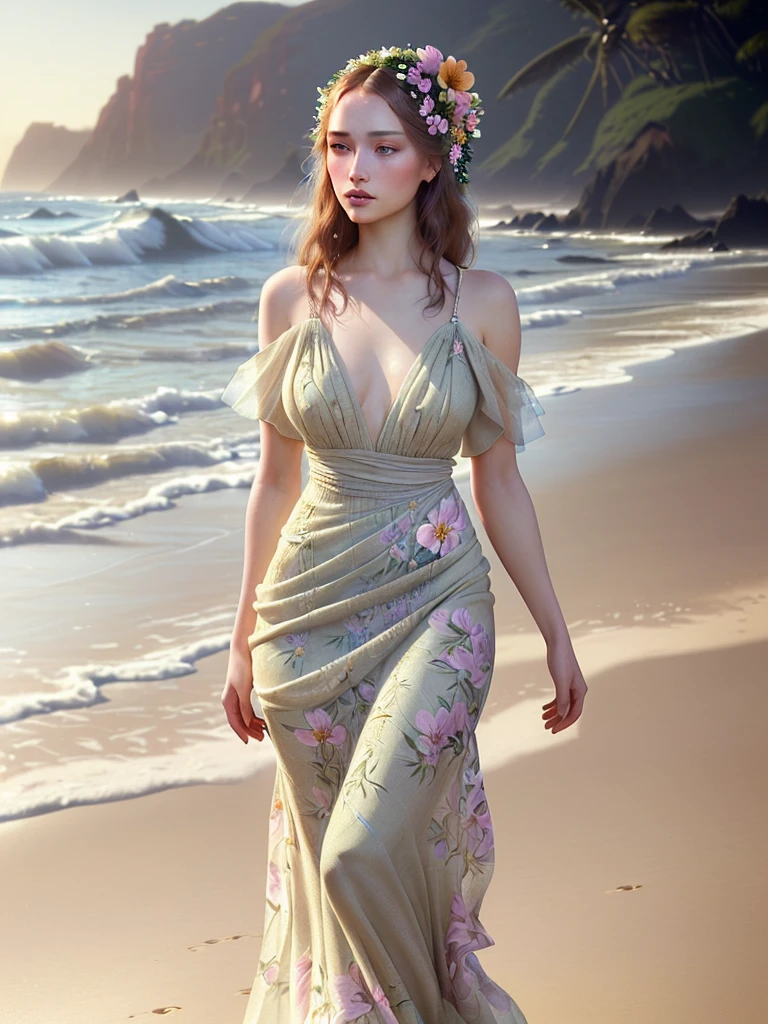 a beautiful young woman with detailed eyes, luscious lips, eye makeup, and a tight, flowery dress, standing on the beach with morning sun lighting, depth of field and bokeh, 4K HDR, in the style of (James C. Christensen:1.2|Jeremy Lipking:1.1)