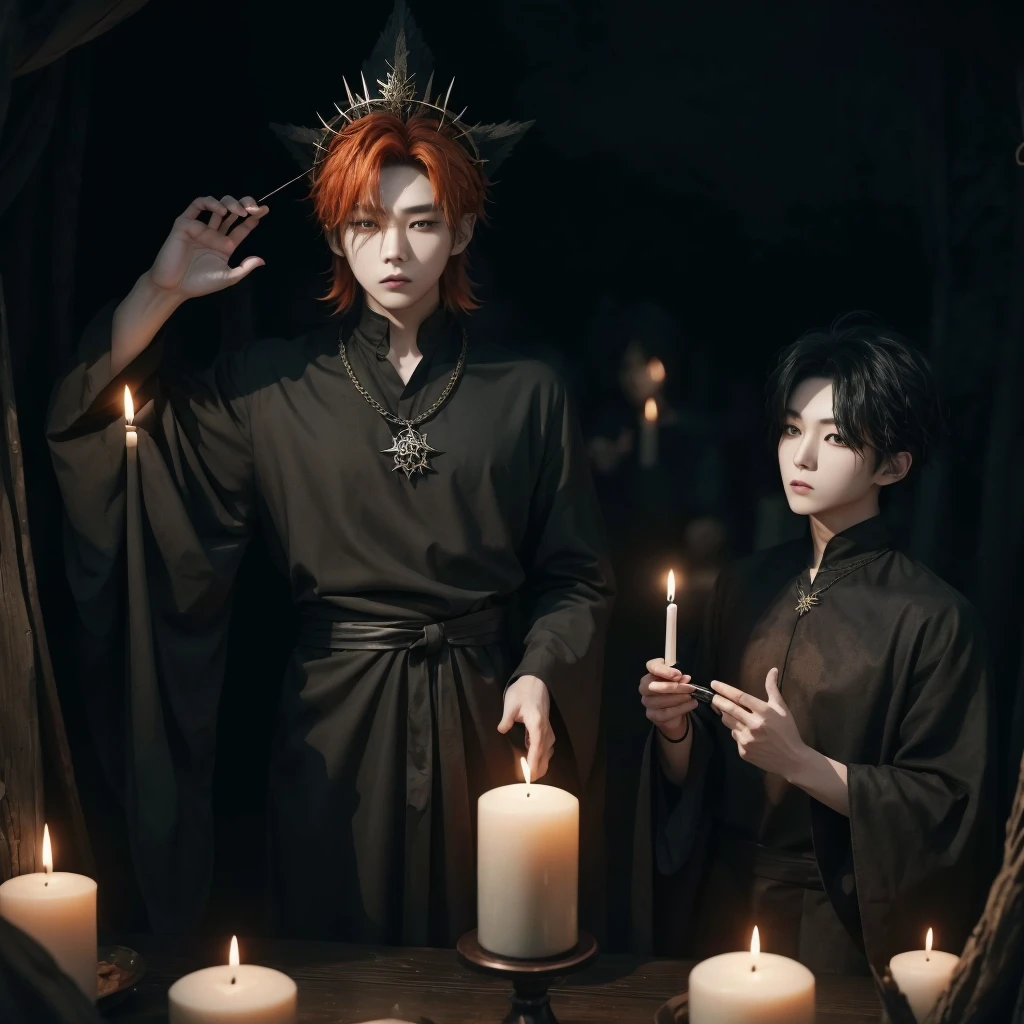 Hyunjun hur actor and kpop idol more realism in hair and clothing hair orange, Generate an image of a Korean Kpop idol with bright orange hair, dressed in a black shirt and a tunic of the same color, surrounded by dark witches and warlocks in a coven. The background must be dark and gloomy, lleno de velas y witchcraft symbols.Create a visual representation of a Korean Kpop actor, with a spinal crown on his head, dressed in a black tunic and black shirt in a coven setting. Around it, dark witches casting curses, with a shadowy forest full of candles as a backdrop.Produces an image where a Korean Kpop idol, recognizable by his bright orange hair, is immersed in an environment of witchcraft and curse. He is dressed in a black tunic and a dark shirt, surrounded by wizards and witches in a dark forest full of magical symbols.Korean kpop idol actor who is dressed in a black shirt, black tunic, with a crown of thorns on his head, he is in a witches coven, all dark witches, curse and witchcraft, the background that is dark dark, a black background in a forest full of candles and spells, witchcraft symbols, bright orange hair amidst candles at a coven. 