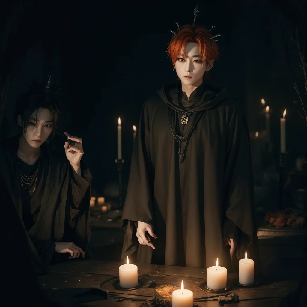 Hyunjun hur actor and kpop idol more realism in hair and clothing hair orange, Generate an image of a Korean Kpop idol with bright orange hair, dressed in a black shirt and a tunic of the same color, surrounded by dark witches and warlocks in a coven. The background must be dark and gloomy, lleno de velas y witchcraft symbols.Create a visual representation of a Korean Kpop actor, with a spinal crown on his head, dressed in a black tunic and black shirt in a coven setting. Around it, dark witches casting curses, with a shadowy forest full of candles as a backdrop.Produces an image where a Korean Kpop idol, recognizable by his bright orange hair, is immersed in an environment of witchcraft and curse. He is dressed in a black tunic and a dark shirt, surrounded by wizards and witches in a dark forest full of magical symbols.Korean kpop idol actor who is dressed in a black shirt, black tunic, with a crown of thorns on his head, he is in a witches coven, all dark witches, curse and witchcraft, the background that is dark dark, a black background in a forest full of candles and spells, witchcraft symbols, bright orange hair amidst candles at a coven.