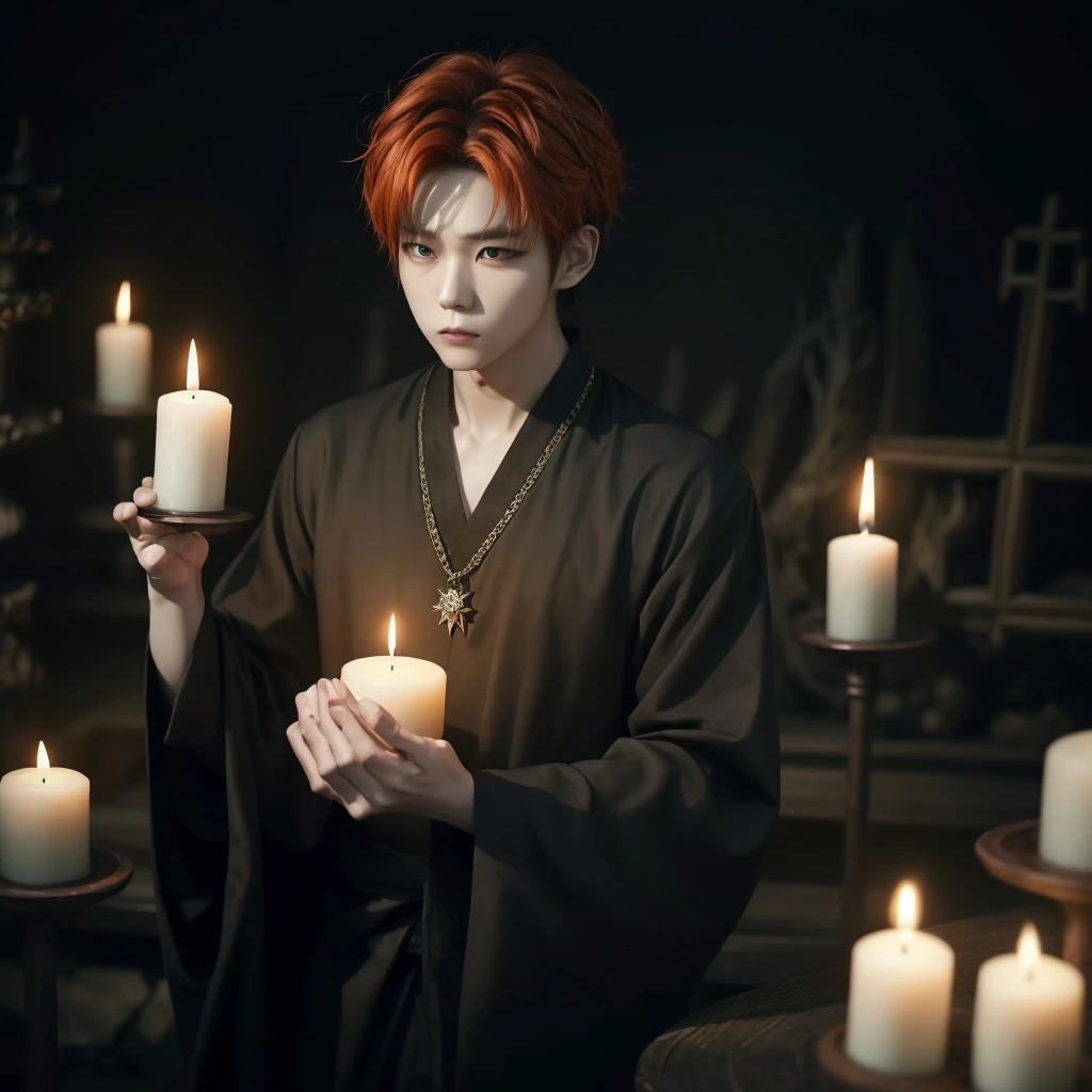 Hyunjun hur actor and kpop idol more realism in hair and clothing hair orange, Generate an image of a Korean Kpop idol with bright orange hair, dressed in a black shirt and a tunic of the same color, surrounded by dark witches and warlocks in a coven. The background must be dark and gloomy, lleno de velas y witchcraft symbols.Create a visual representation of a Korean Kpop actor, with a spinal crown on his head, dressed in a black tunic and black shirt in a coven setting. Around it, dark witches casting curses, with a shadowy forest full of candles as a backdrop.Produces an image where a Korean Kpop idol, recognizable by his bright orange hair, is immersed in an environment of witchcraft and curse. He is dressed in a black tunic and a dark shirt, surrounded by wizards and witches in a dark forest full of magical symbols.Korean kpop idol actor who is dressed in a black shirt, black tunic, with a crown of thorns on his head, he is in a witches coven, all dark witches, curse and witchcraft, the background that is dark dark, a black background in a forest full of candles and spells, witchcraft symbols, bright orange hair amidst candles at a coven.