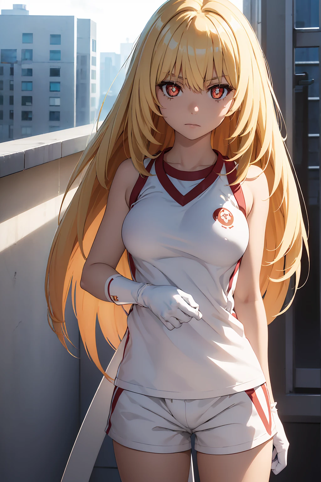 NSFW Highest quality, (masterpiece:1.2),misakishokuhou, misaki shokuhou, blonde, Hair between the eyes, Long Hair, (Symbol-shaped pupil:1.5), + +, (Big Breasts), break bare shoulders, gloves, gym shirt, gym Shorts, Gym suit, shirt, short Shorts, Shorts, Sleeveless, Sleeveless shirt, Knee socks, tokiwadai school Gym suit, white gloves, white shirt, white Shorts, white Knee socks, break outdoor, city, null, sun, cloud, break looking at viewer, (Cowboy Shot:1.5), break (masterpiece:1.2), Highest quality, High resolution, unity 8k wallpaper, (shape:0.8), (Beautiful attention to detail:1.6), Highly detailed face, Perfect lighting, Extremely detailed CG, (Perfect hands, Perfect Anatomy),