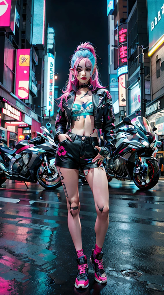 masterpiece, best quality, Confident cyberpunk girl, full body shot, ((standing in front of motorcycle)), Harajuku-inspired pop outfit, bold colors and patterns, eye-catching accessories, trendy and innovative hairstyle, vibrant makeup, Cyberpunk dazzling cityscape, skyscrapers, neon signs, LED lights, bright and vivid color scheme, anime, illustration, detailed skin texture, detailed cloth texture, beautiful detailed face, intricate details, ultra detailed.