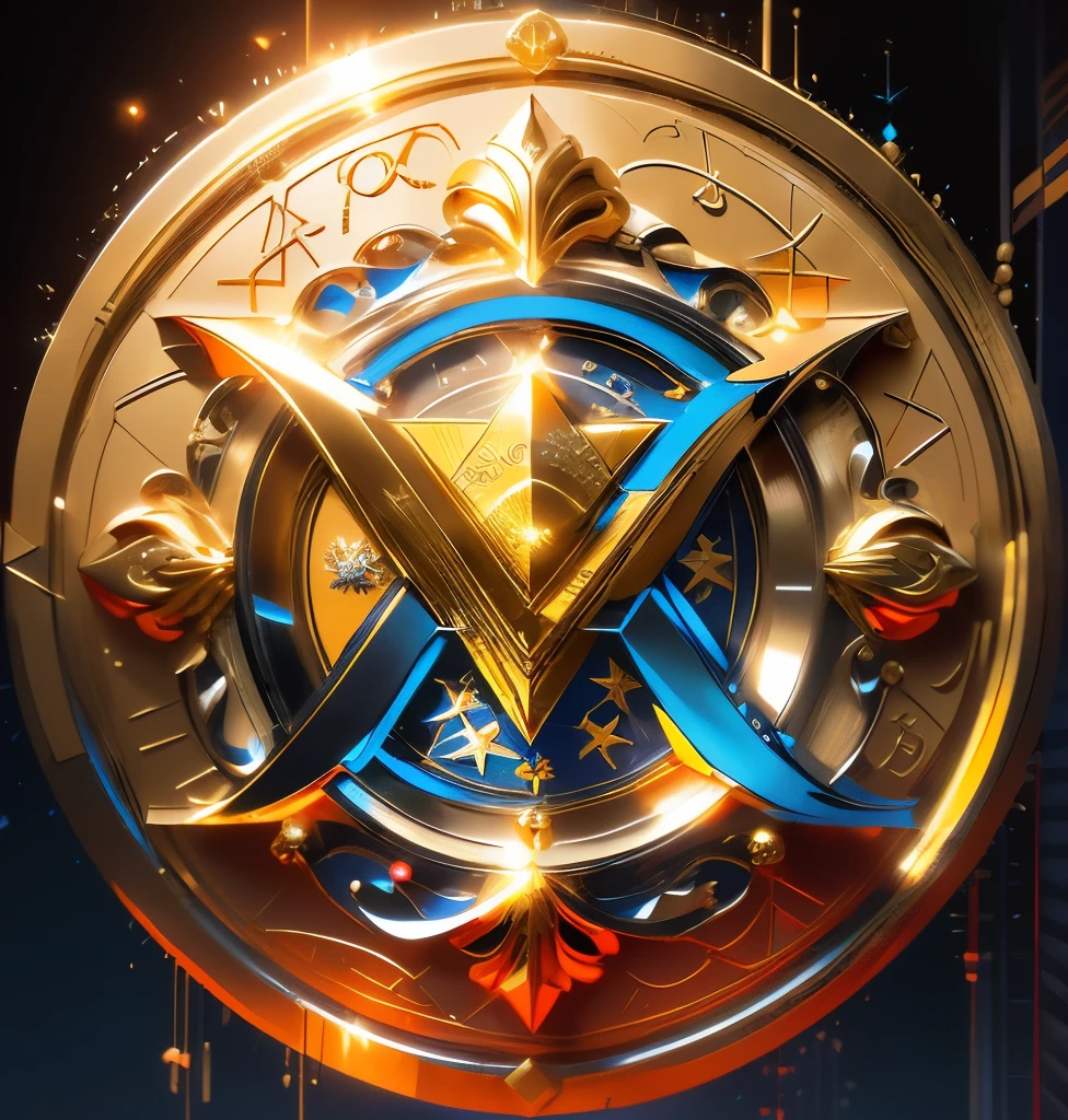 a close up of a gold and blue circular emblem with a letter PRX, medallion, by Luis Miranda, made in maya and photoshop, magnificent design, by Maximilian Cercha, masterpiece. rendered in blender, by Mario Dubsky, timeless masterpiece, majestic masterpiece, maximalist art nouveau, 3 d icon for mobile game, designed in blender, marvelous style