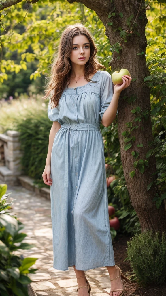 A beautiful european girl, wearing light medieval dress, eating an apple, in the garden near an apple tree, full body. She is 24 years old, has brown hair, long hair, curly hair and light blue eyes, blue makeup. Her cloth is stylish and her overall appearance is stunning. The girl's face is extremely detailed with beautifully detailed lips. Her skin is anatomically correct with realistic textures. The image should have super high details and be of the best quality, with a resolution of 8K. The final result should be a masterpiece, showcasing the girl's beauty and the vibrant atmosphere of the garden