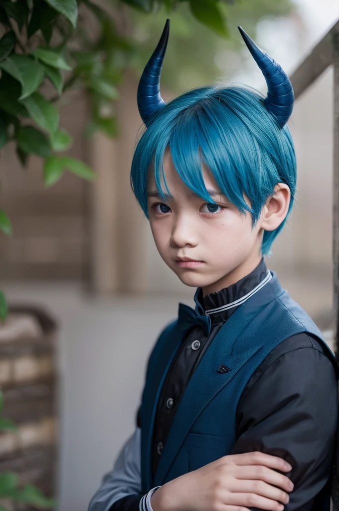 A boy with blue hair and horns wearing mourning clothes