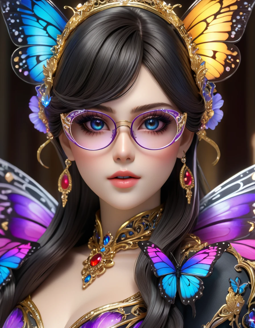 Bayonetta Girl ,wears highly detailed glasses in the shape of butterfly wings 