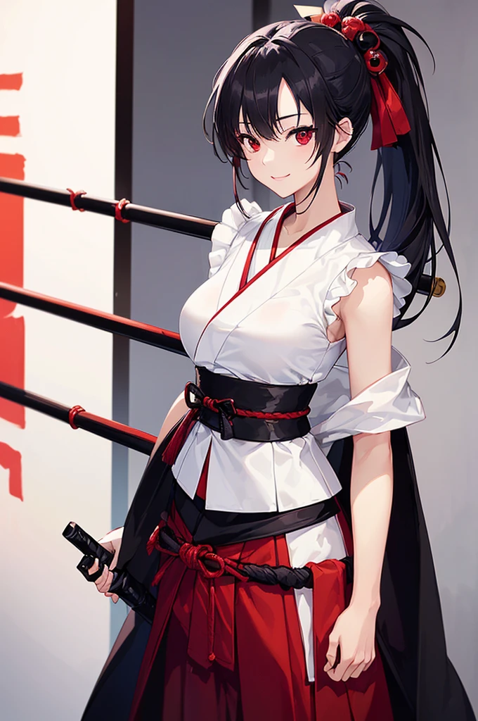 (masterpiece; best quality: 1.2), (finely detailed eyes: 1.3), ((25 year old woman)), ((solo)), (red eyes: 1.4), (body; lithe, slender, femenine: 1.3), (black hair in ponytail: 1.3), (beautiful and clear background: 1.2), ((depth of field)), (clothes: ronin attire + black-and-white hakama + red sash: 1.3), (anime illustration: 1.2), (background; kendo dojo + night time: 1.1), (extremely fine and beautiful: 1.1), (shot composition; standing + centered on torso + close-up: 1.5), (expression; calm, smile: 1.2)