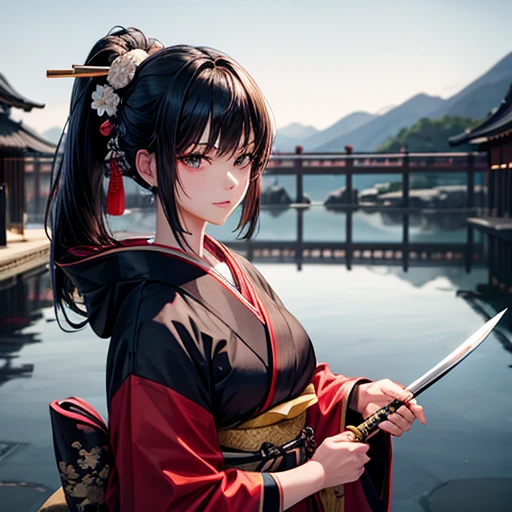A woman with black hair wearing a kimono holding a sword-like knife Making sushi