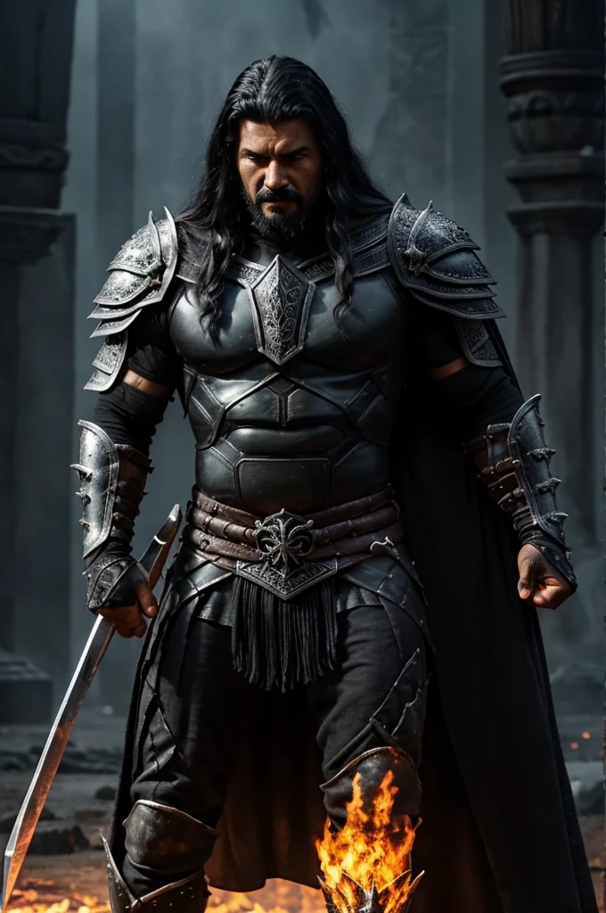 A dark and intimidating warrior, Hernán has an aura of danger and power. He's tall and sturdy, with obvious musculature. Her hair is black and shaggy, matching dark eyes that glow with intense anger. His armor is dark and imposing, made of black metal with deep red details, reflecting his malevolent nature. He wields an ice spear, that emits a cold, menacing glow. Your face is contorted into a wicked smile, and his expression is one of pure malice and relentless determination. Hernán exudes an oppressive presence, ready to destroy anyone who opposes him.