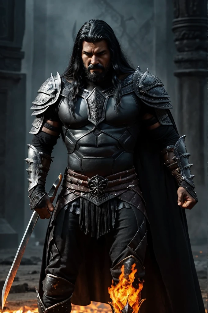 A dark and intimidating warrior, Hernán has an aura of danger and power. He's tall and sturdy, with obvious musculature. Her hair is black and shaggy, matching dark eyes that glow with intense anger. His armor is dark and imposing, made of black metal with deep red details, reflecting his malevolent nature. He wields an ice spear, that emits a cold, menacing glow. Your face is contorted into a wicked smile, and his expression is one of pure malice and relentless determination. Hernán exudes an oppressive presence, ready to destroy anyone who opposes him.
