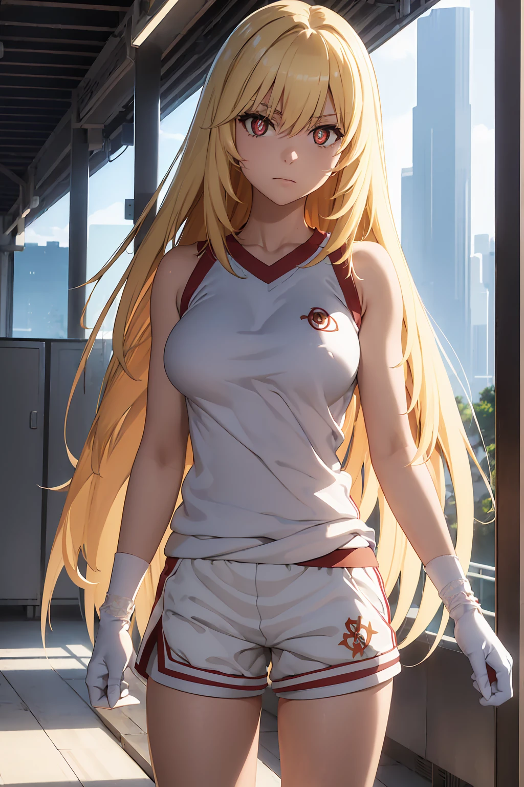 NSFW Highest quality, (masterpiece:1.2),misakishokuhou, misaki shokuhou, blonde, Hair between the eyes, Long Hair, (Symbol-shaped pupil:1.5)＋＋,  (Big Breasts), break bare shoulders, gloves, gym shirt, gym Shorts, Gym suit, shirt, short Shorts, Shorts, Sleeveless, Sleeveless shirt, Knee socks, tokiwadai school Gym suit, white gloves, white shirt, white Shorts, white Knee socks, break outdoor, city, null, sun, cloud, break looking at viewer, (Cowboy Shot:1.5), break (masterpiece:1.2), Highest quality, High resolution, unity 8k wallpaper, (shape:0.8), (Beautiful attention to detail:1.6), Highly detailed face, Perfect lighting, Extremely detailed CG, (Perfect hands, Perfect Anatomy),