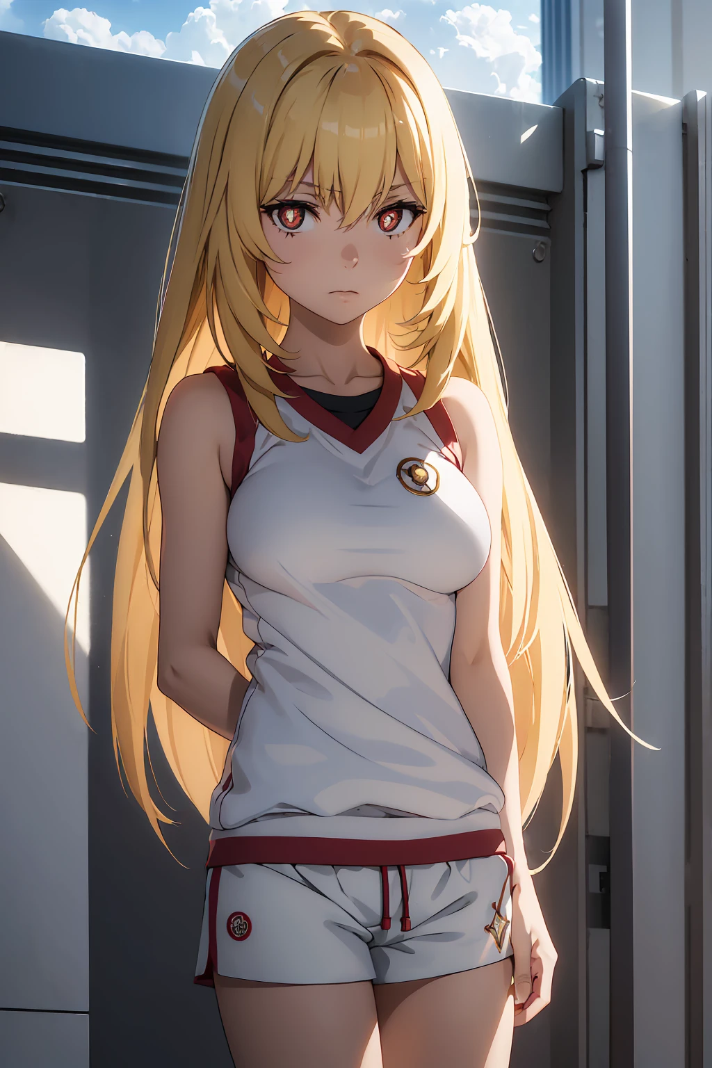 NSFW Highest quality, (masterpiece:1.2),misakishokuhou, misaki shokuhou, blonde, Hair between the eyes, Long Hair, (Symbol-shaped pupil:1.5)++, (Big Breasts), break bare shoulders, gloves, gym shirt, gym Shorts, Gym suit, shirt, short Shorts, Shorts, Sleeveless, Sleeveless shirt, Knee socks, tokiwadai school Gym suit, white gloves, white shirt, white Shorts, white Knee socks, break outdoor, city, null, sun, cloud, break looking at viewer, (Cowboy Shot:1.5), break (masterpiece:1.2), Highest quality, High resolution, unity 8k wallpaper, (shape:0.8), (Beautiful attention to detail:1.6), Highly detailed face, Perfect lighting, Extremely detailed CG, (Perfect hands, Perfect Anatomy),