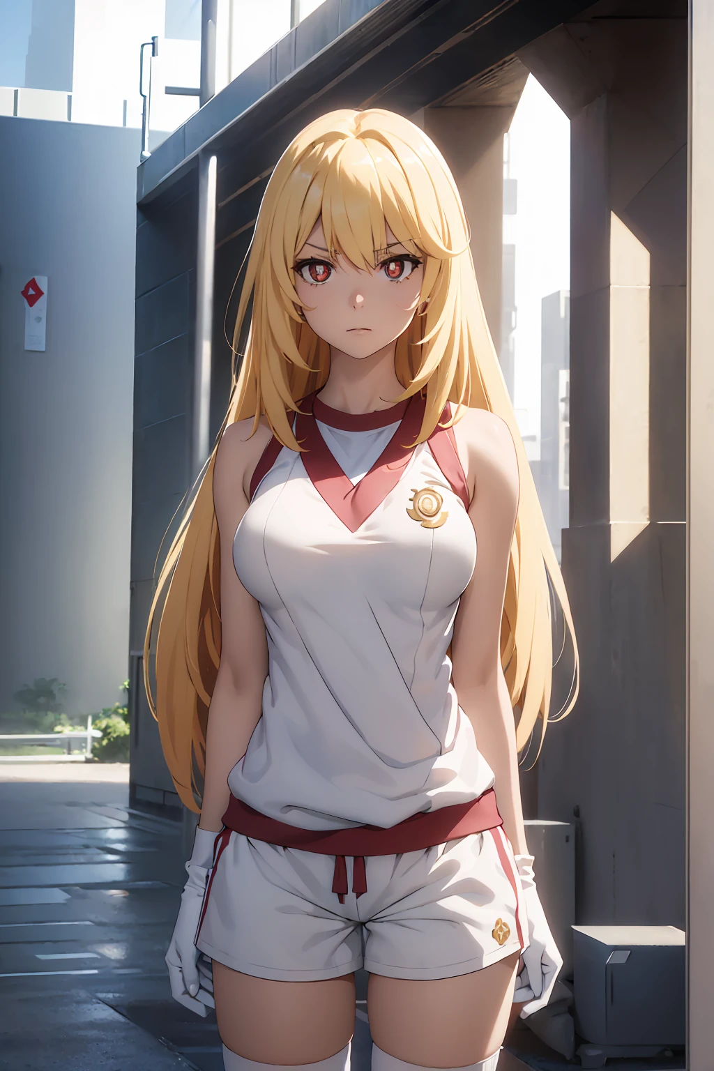 NSFW Highest quality, (masterpiece:1.2),misakishokuhou, misaki shokuhou, blonde, Hair between the eyes, Long Hair, (Symbol-shaped pupil:1.5)++, (Big Breasts), break bare shoulders, gloves, gym shirt, gym Shorts, Gym suit, shirt, short Shorts, Shorts, Sleeveless, Sleeveless shirt, Knee socks, tokiwadai school Gym suit, white gloves, white shirt, white Shorts, white Knee socks, break outdoor, city, null, sun, cloud, break looking at viewer, (Cowboy Shot:1.5), break (masterpiece:1.2), Highest quality, High resolution, unity 8k wallpaper, (shape:0.8), (Beautiful attention to detail:1.6), Highly detailed face, Perfect lighting, Extremely detailed CG, (Perfect hands, Perfect Anatomy),