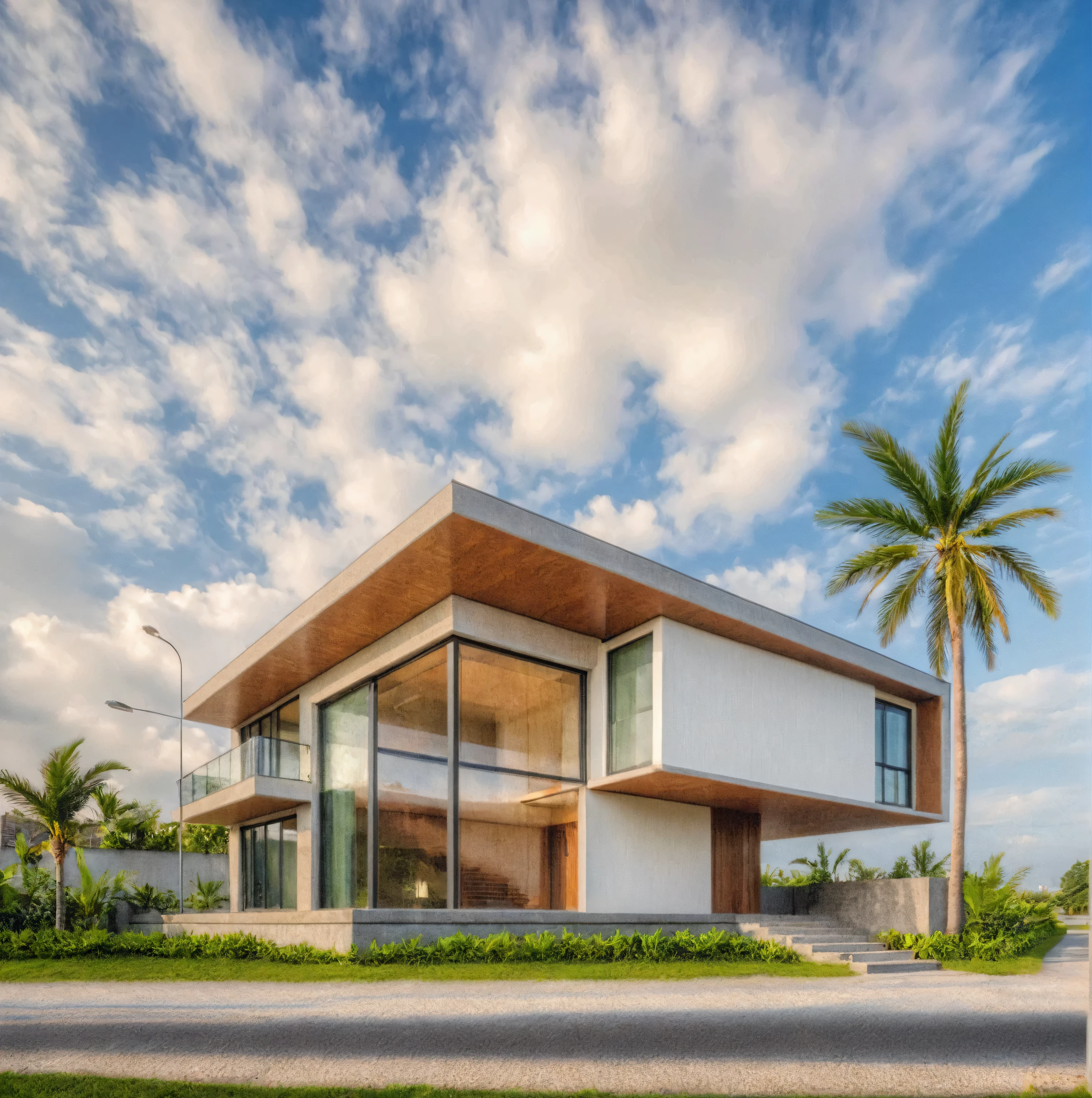 Masterpiece, high quality, best quality, authentic, super detail, outdoors, house style modern, bietthuhn, white wall, glass windows, gate road, pavement, grass, trees, Beautiful_sky, SUNSET, (day:1.1), realistic lighting