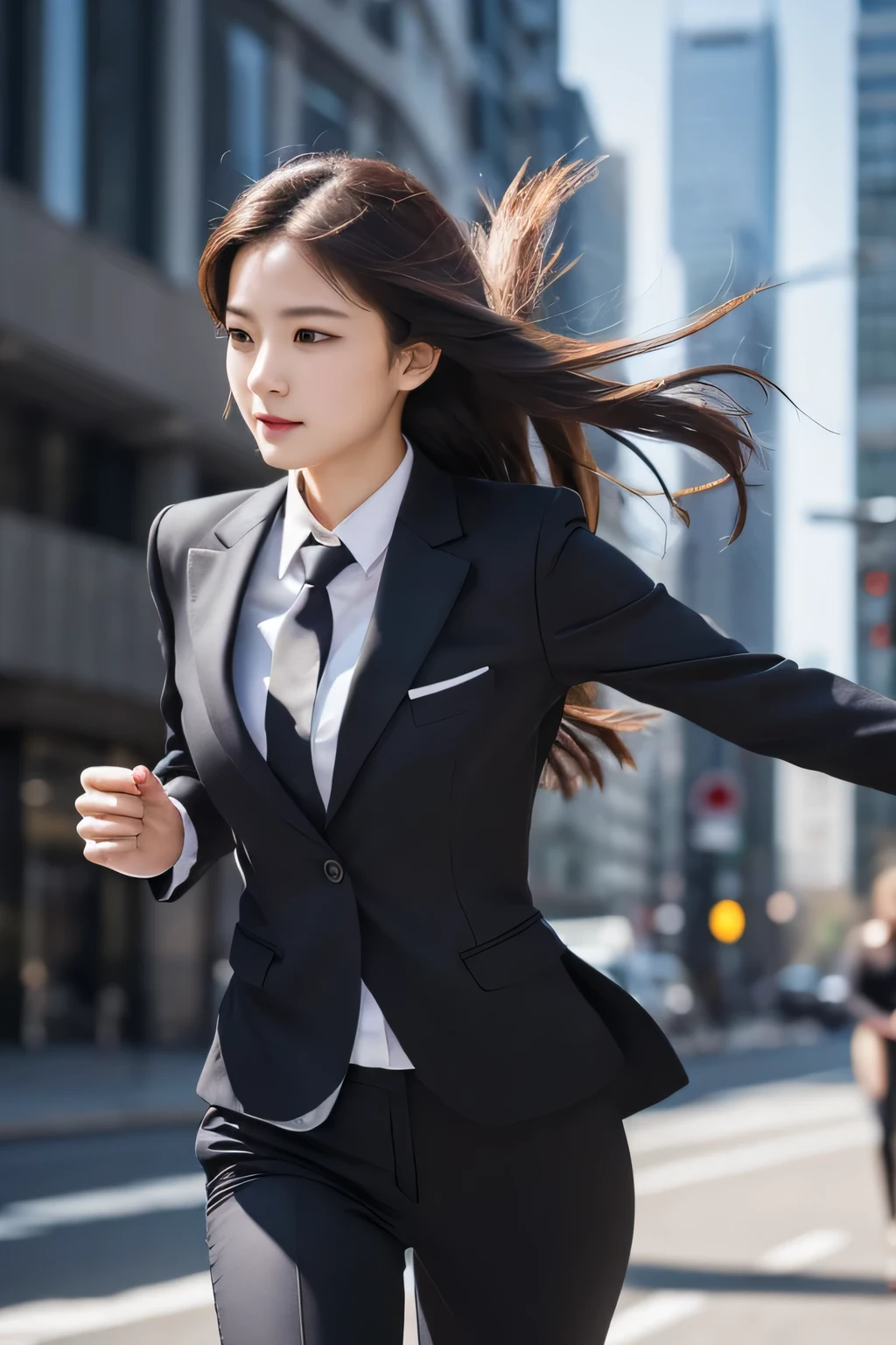 Masterpiece, (top quality), ultra high resolution, beautiful, visually stunning, elegant, stunning detail, award-winning art, G0S1, mysterious, woman running in suit, 20 years old, working, outside, hair fluttering