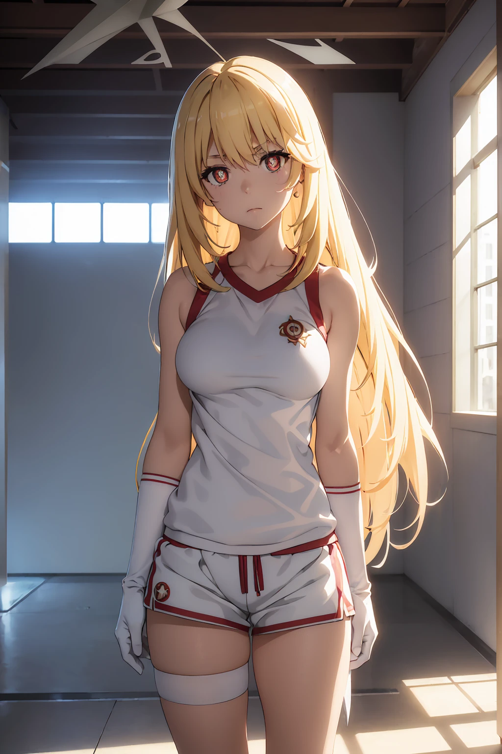 NSFW Highest quality, (masterpiece:1.2),misakishokuhou, misaki shokuhou, blonde, Hair between the eyes, Long Hair, (Symbol-shaped pupil:1.5)＋＋, (Big Breasts), break bare shoulders, gloves, gym shirt, gym Shorts, Gym suit, shirt, short Shorts, Shorts, Sleeveless, Sleeveless shirt, Knee socks, tokiwadai school Gym suit, white gloves, white shirt, white Shorts, white Knee socks, break outdoor, city, null, sun, cloud, break looking at viewer, (Cowboy Shot:1.5), break (masterpiece:1.2), Highest quality, High resolution, unity 8k wallpaper, (shape:0.8), (Beautiful attention to detail:1.6), Highly detailed face, Perfect lighting, Extremely detailed CG, (Perfect hands, Perfect Anatomy),