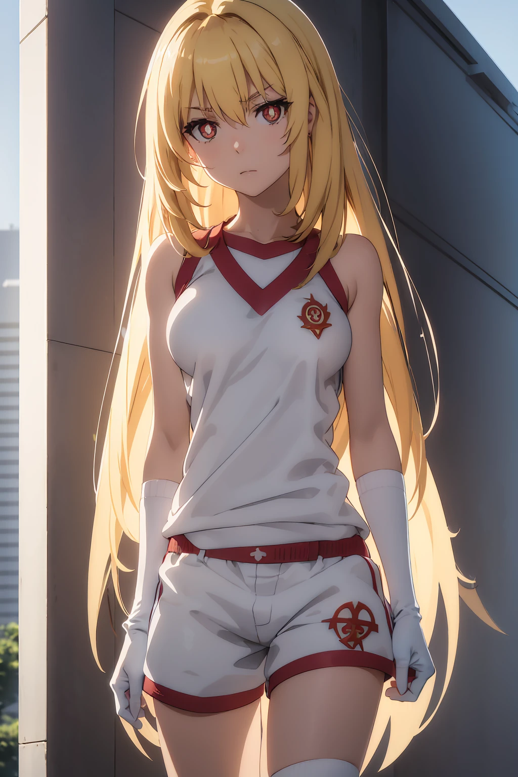 NSFW Highest quality, (masterpiece:1.2),misakishokuhou, misaki shokuhou, blonde, Hair between the eyes, Long Hair, (Symbol-shaped pupil:1.5)++, (Big Breasts), break bare shoulders, gloves, gym shirt, gym Shorts, Gym suit, shirt, short Shorts, Shorts, Sleeveless, Sleeveless shirt, Knee socks, tokiwadai school Gym suit, white gloves, white shirt, white Shorts, white Knee socks, break outdoor, city, null, sun, cloud, break looking at viewer, (Cowboy Shot:1.5), break (masterpiece:1.2), Highest quality, High resolution, unity 8k wallpaper, (shape:0.8), (Beautiful attention to detail:1.6), Highly detailed face, Perfect lighting, Extremely detailed CG, (Perfect hands, Perfect Anatomy),