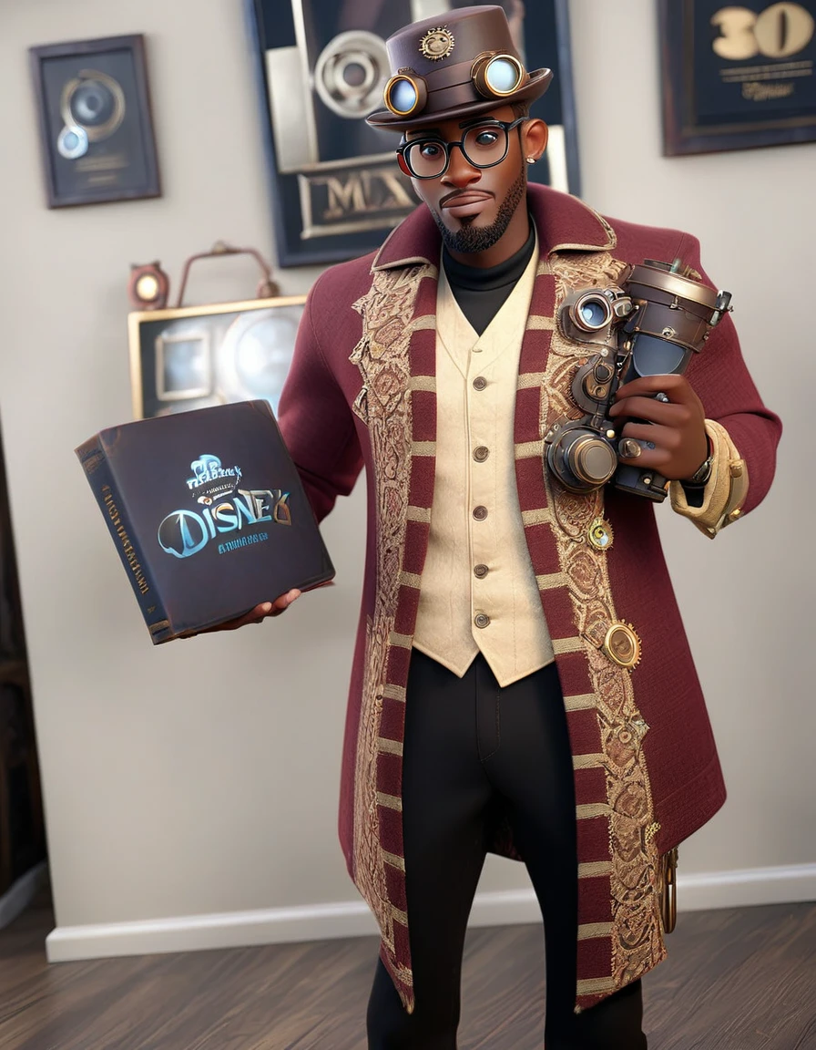 handsome black man, slim face, glasses, steampunk hat, slim body, disney, pixar, (Pixar style), Disney style, (masterpiece:1.2), (best quality) (detailed skin) (detailed texture) (8k) (cinematic lighting) (sharp focus)