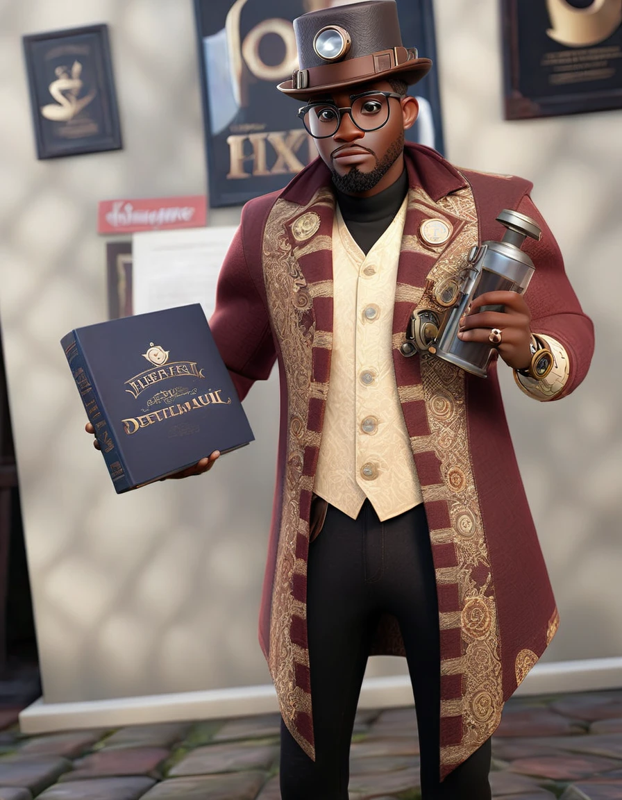 handsome black man, slim face, glasses, steampunk hat, slim body, disney, pixar, (Pixar style), Disney style, (masterpiece:1.2), (best quality) (detailed skin) (detailed texture) (8k) (cinematic lighting) (sharp focus)