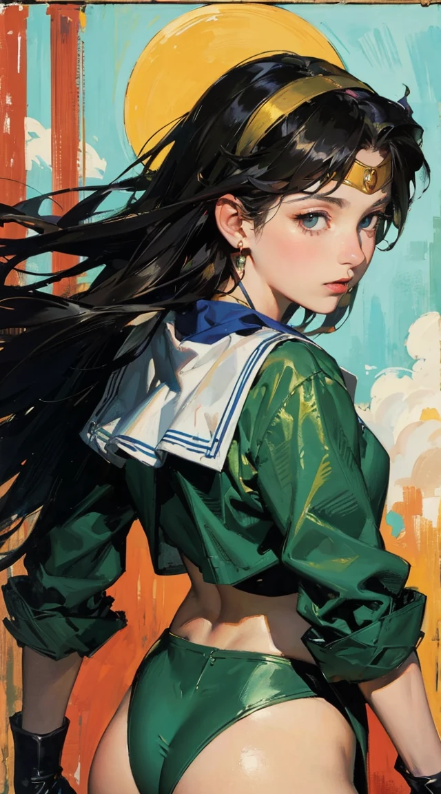 the sailor moon, Sailor Moon style, Beautiful, moon princess, blond-haired princess, portrait of magical girl, (from behind), (masterpiece, best quality:1.2), expressive eyes, perfect face, highres, 1girl, solo, female version of Ryu \(sf\), (female:1.5), black hair, long hair, dougi, fingerless gloves, headband, no pants, standing, cowboy shot, looking at the viewer 8k,Realistic Skin Texture、Superrealism、Realistic Photo、A futuristic Japanese female soldier stands amongst rubble、Damaged moss green metal armor、Skull mark painted on armor、Painting of the unit and identification number、Peeling paint、Oil stains、Energy Rifle、fighting spirit、Detailed Description、Dynamic pose
Realistic portrait of the protagonist of the anime Sailor Moon (Super detailed,ultra high resolution,detailed background),((2D)),((flat color)),((colorful)),((floating colorful water)),1 girl,alone,looking at the viewer,break cwc, (color circle:1.20), multiple girls, 5girls, (oil painting), post-Impressionist, degas style,