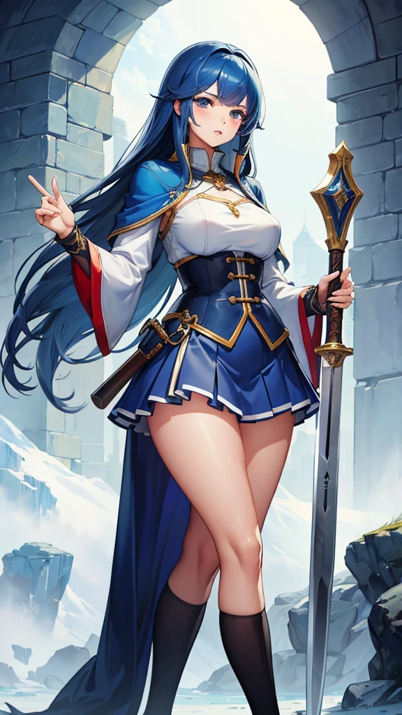 (masterpiece, 4K ,Super detailed:1.2), (anime:1), whole body側面図, jRPG Characters, jRPG Characters art, RPG Characters, View Viewer, Blue Hair, ((Female Swordsman), (Medieval), whole body, (Perfect quality), Pure white background, Lots of white space, Dark skin, whole bodyが写っている, mini skirt