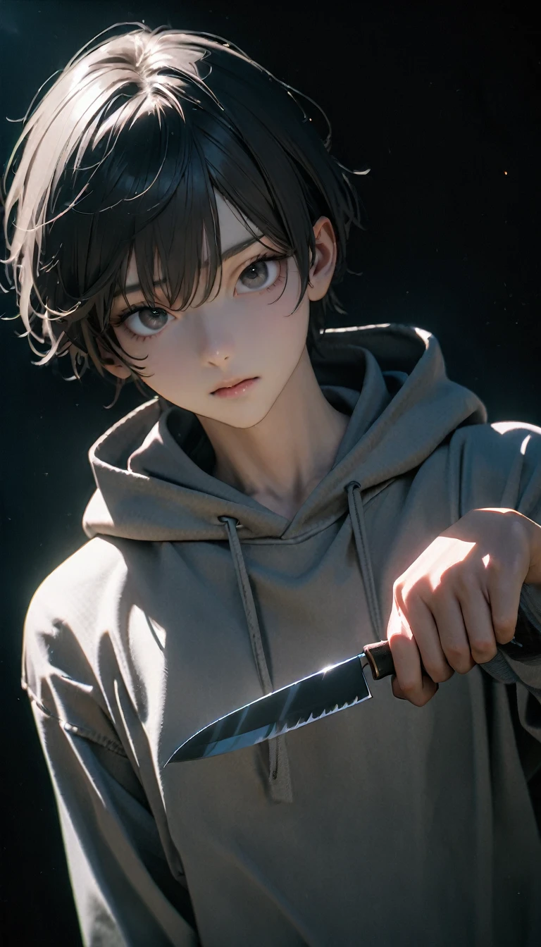(8K, RAW photos, best quality, masterpiece: 1.4), (((boy standing in the dark)))，Ultra-high resolution, Extremely detailed, Upper body close-up, handsome boy, black eyes, (delicate eyes, Eyes are bright:1.2), Gray short hair, Fair skin,dark, Grey sweatshirt, sweatshirt with hood,(perfect anatomy:1.2), High-quality shadows, Natural Lighting, (White highlights:1.2), night, cloudy day, (Dark Space:1.2), (Boning knife in hand:1.2)