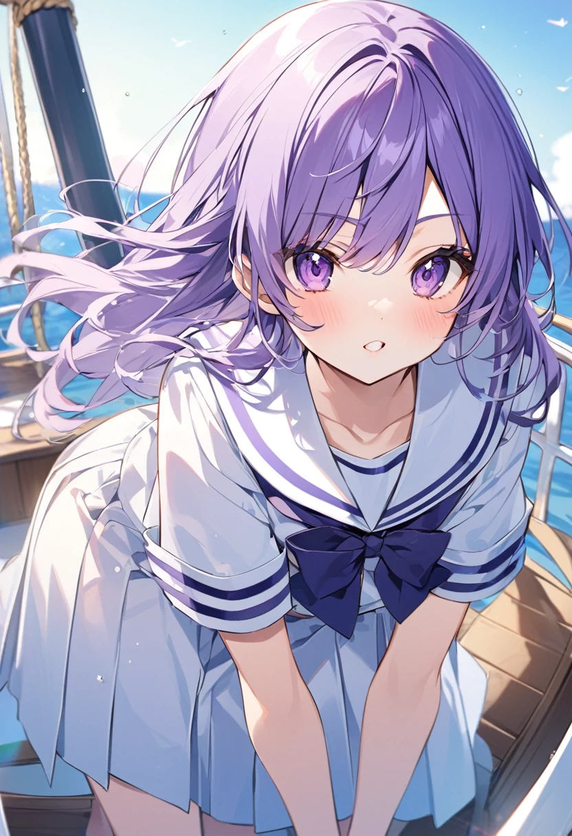 Keito。Purple Eyes。Purple Hair。Sailor suit。Boat。
