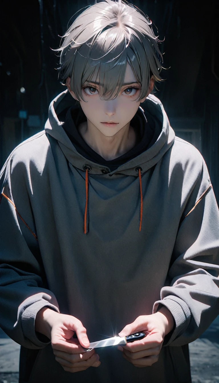 (8K, RAW photos, best quality, masterpiece: 1.4), (((boy standing in the dark)))，Ultra-high resolution, Extremely detailed, Upper body close-up, handsome boy, black eyes, (delicate eyes, Eyes are bright:1.2), Gray short hair, Fair skin,dark, Grey sweatshirt, sweatshirt with hood,(perfect anatomy:1.2), High-quality shadows, Natural Lighting, (White highlights:1.2), night, cloudy day, (Dark Space:1.2), (Boning knife in hand:1.2)