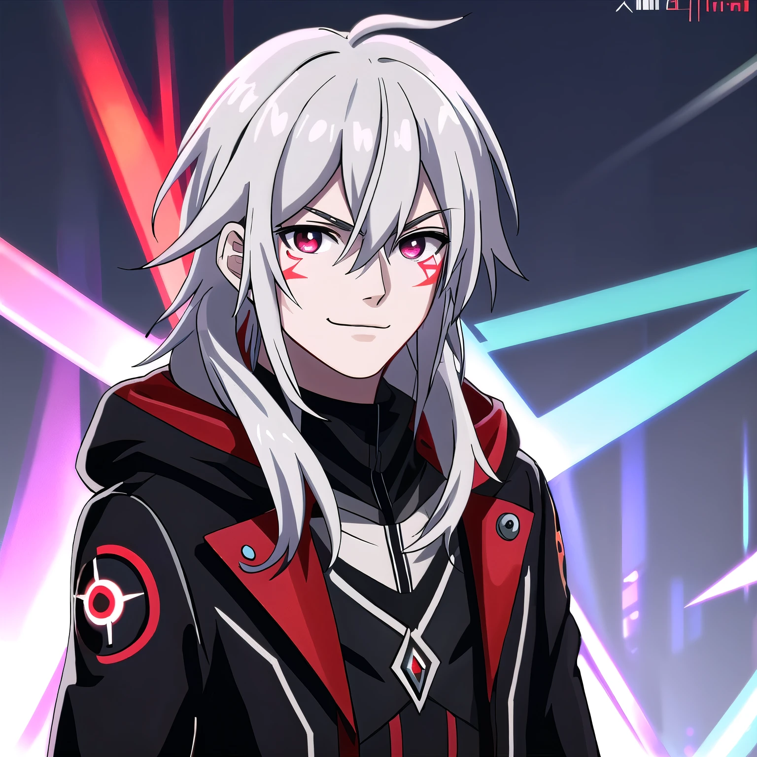 (high-quality, breathtaking),(expressive eyes, perfect face) portrait, Symmetrical Eyes, 1boy, male, teenager, solo, looking at viewer, portrait, grey background, allen walker, red eye color, white hair, scar, facial mark, halfbody shot, long hair length, confident expression, charming, black purple jacket, hood, red trim, smirk, cyberpunk, Abzu
