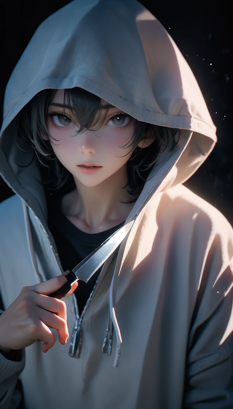 (8K, RAW photos, best quality, masterpiece: 1.4), (((boy standing in the dark)))，Ultra-high resolution, Extremely detailed, Upper body close-up, handsome boy, black eyes, (delicate eyes, Eyes are bright:1.2), Gray short hair, Fair skin,dark, Grey sweatshirt, sweatshirt with hood,(perfect anatomy:1.2), High-quality shadows, Natural Lighting, (White highlights:1.2), night, cloudy day, (Dark Space:1.2), (Boning knife in hand:1.2)