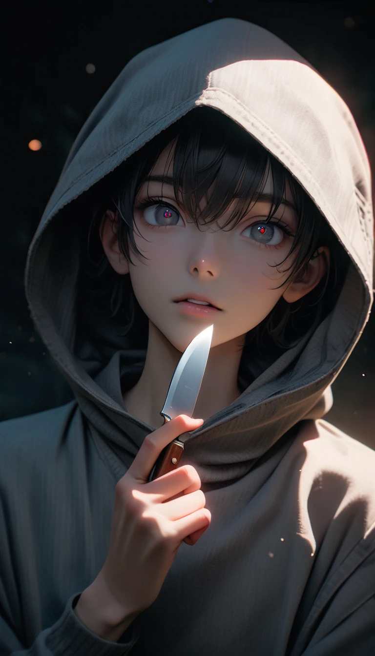 (8K, RAW photos, best quality, masterpiece: 1.4), (((boy standing in the dark))),Ultra-high resolution, Extremely detailed, Upper body close-up, handsome boy, black eyes, (delicate eyes, Eyes are bright:1.2), Gray short hair, Fair skin,dark, Grey sweatshirt, sweatshirt with hood,(perfect anatomy:1.2), High-quality shadows, Natural Lighting, (White highlights:1.2), night, cloudy day, (Dark Space:1.2), (Boning knife in hand:1.2)