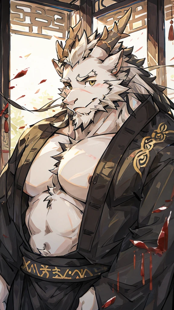 (white eastern dragon),furry,white mustache,big pecs,hearty males,muscular,black imperial robe,naked,adult,traditional_chinese_room,head portrait,scar,blood