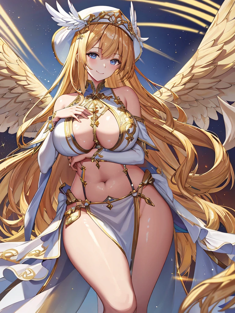 One priestess,Valkyrie,Angel Wings,belly button,Side bust,Complex,Particles of light,Thighs,Shiny skin, 口を開けたsmile、Plump、Perfect lighting, One girl, View your viewers,Winged hat,Pelvic Curtain, smile,(masterpiece), (Highest quality), Very large breasts, maternal, Porcelain-like skin, Honey Blonde Hair, Very long hair, Wavy Hair